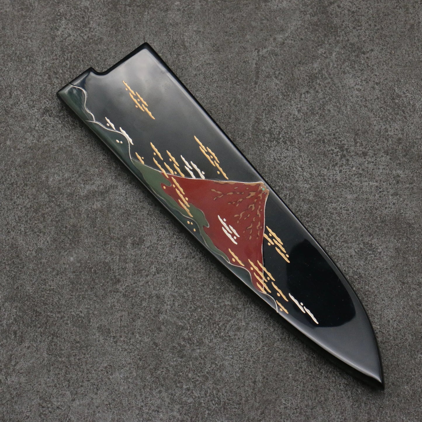 Saji Samurai Makie Red Fuji Scabbard Blue Steel Colored Damascus Gyuto Knife 210MM Makie Pattern with Sheath 佐治 武士 蒔絵 赤富士 鞘 青ニ鋼 有色ダマスカス 牛刀包丁 210MM 蒔絵柄 鞘付き Free ship - Thương hiệu Takeshi Saji Sơn mài truyền thống Nhật Bản Makie Thép xanh No.2 Thép Damascus có màu Dao đa năng Gyuto 210mm Có kèm bao