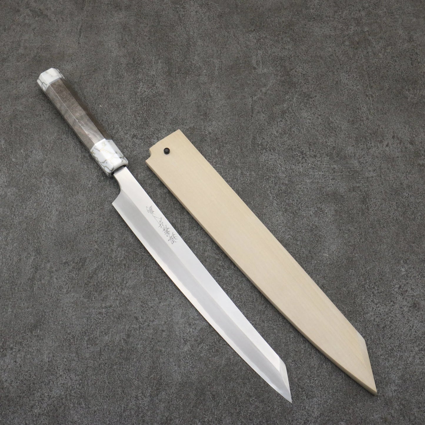 Takayuki Sakai Chef Series Hien Ginsanko Kiritsuki Yanagiba Knife 270MM Stabilized Wood (Both Wheels: White) Handle with Sheath 堺 孝行 シェフシリーズ 飛燕 銀三鋼 切付柳刃包丁 270MM スタビライズドウッド (両輪:白)柄 鞘付き Free ship - Thương hiệu Sakai Takayuki Chef Series Thép Bạc No.3 Dao thái cá sashimi chuyên dụng Yanagiba 270mm Có kèm bao