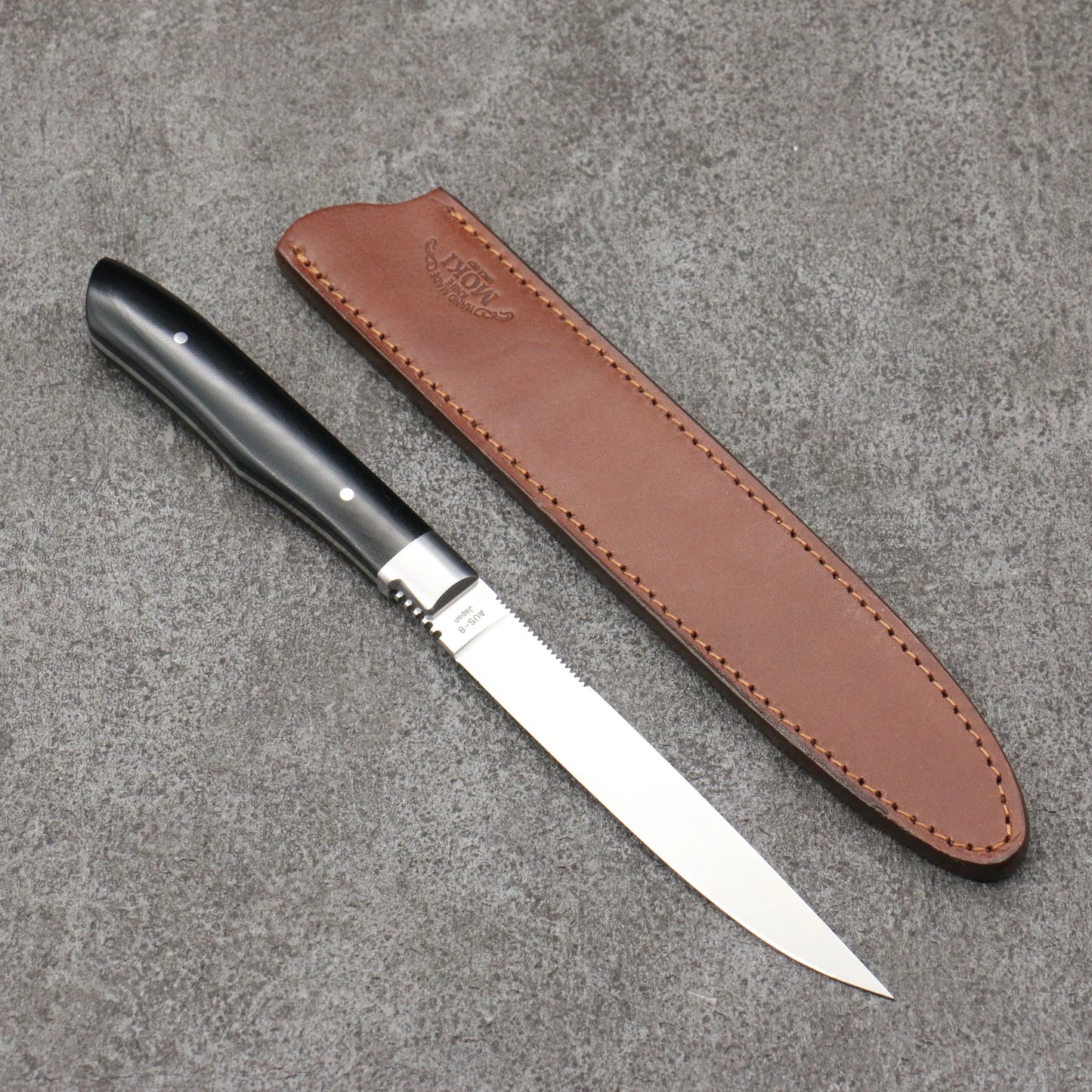 Free ship - Thương hiệu Moki Knife AUS8 Dao ăn bít tết chuyên dụng 75mm chuôi dao Micarta đen Có kèm bao