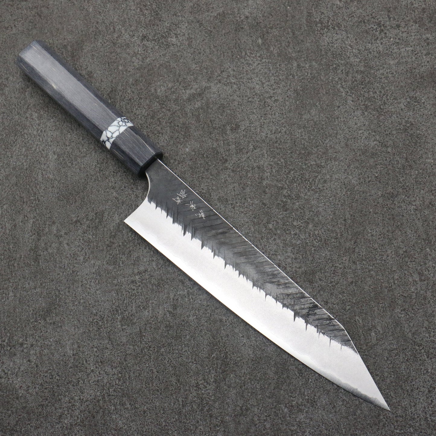 Thương hiệu Yoshimi Kato Thép siêu xanh mắt vân búa (V) Dao Gyuto màu đen hoàn thiện 210MM chuôi dao gỗ ổn định màu xám (Vòng ngọc lam trắng)