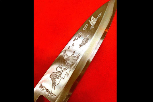 Thương hiệu Sakai Takayuki Kasumitogi Thép trắng Chạm khắc hình Chim lượn quanh núi Phú Sĩ Dao làm cá chuyên dụng Deba dao Nhật