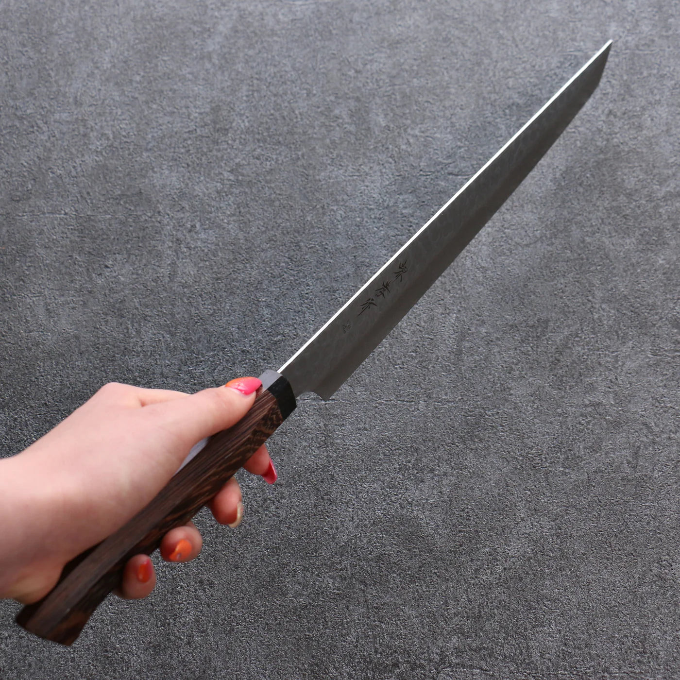 Marke Sakai Takayuki Genbu AUS10 45-lagiger Damaststahl Sujihiki geripptes Messer (stumpfes Ende) Japanisches Messer 300 mm Wenge-Holzgriff