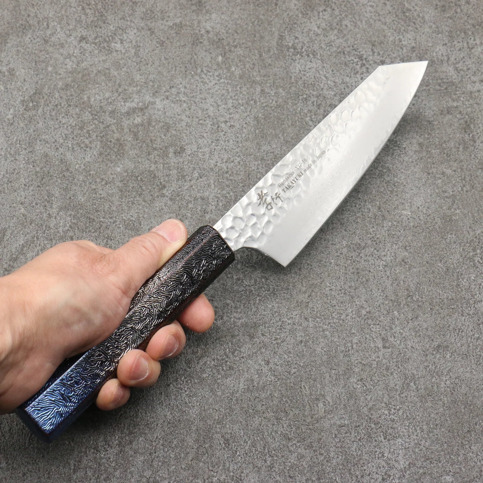 Sakai Takayuki Rinnou VG10 33 Layer Damascus Kengata Santoku Japanese Knife 160mm Blue Lacquered Handle