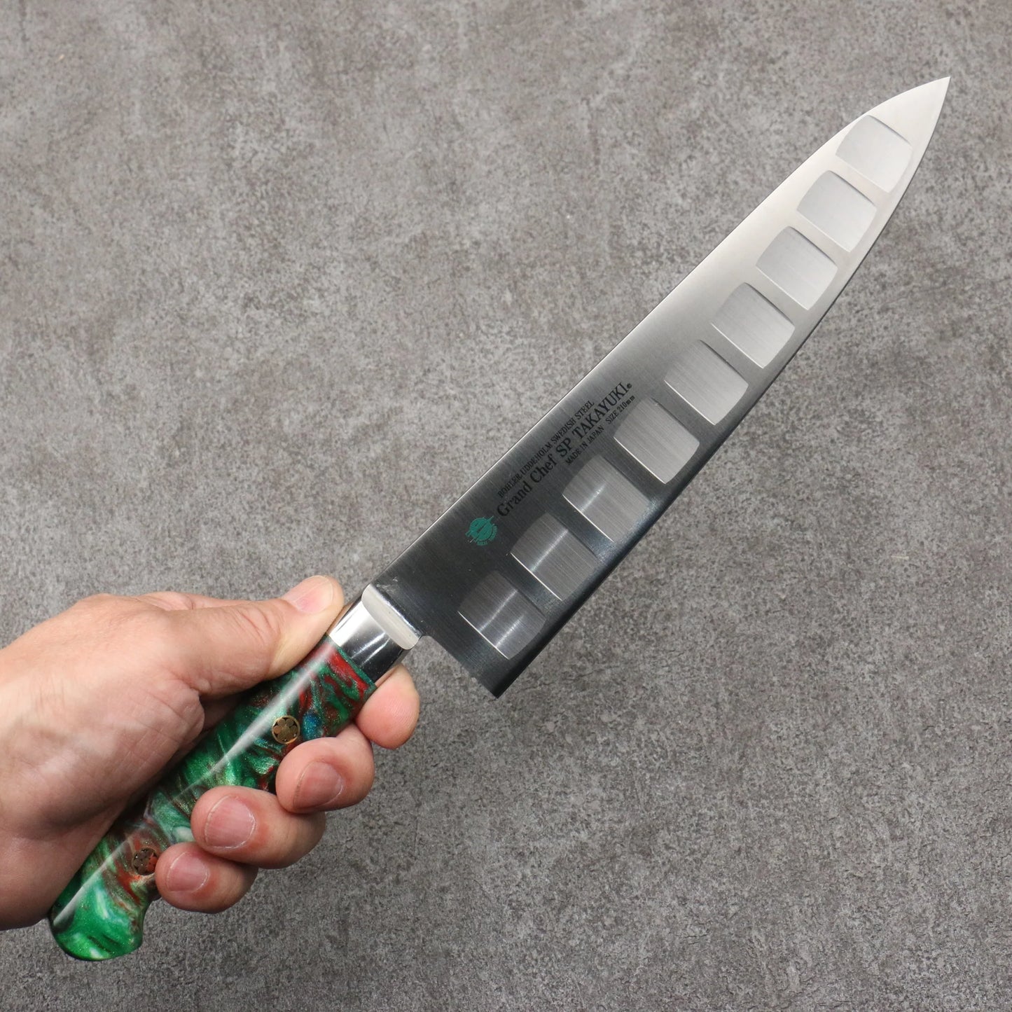Marke Sakai Takayuki Grand Chef Spezialstahl Uddeholm Schweden Gyuto-Messer, spezialisiert auf Lachs Japanisches Messer 210-mm-Griff SP Typ III (Grüner Wald)