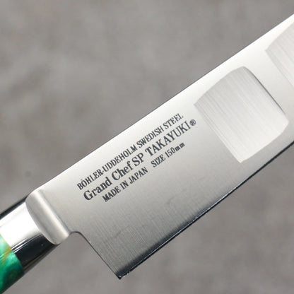Marke Sakai Takayuki Grand Chef Spezialstahl Uddeholm Schweden Kleines, auf Lachs spezialisiertes Mehrzweck-Kleinmesser Japanisches Messer 150-mm-Griff SP Typ III (Grüner Wald)