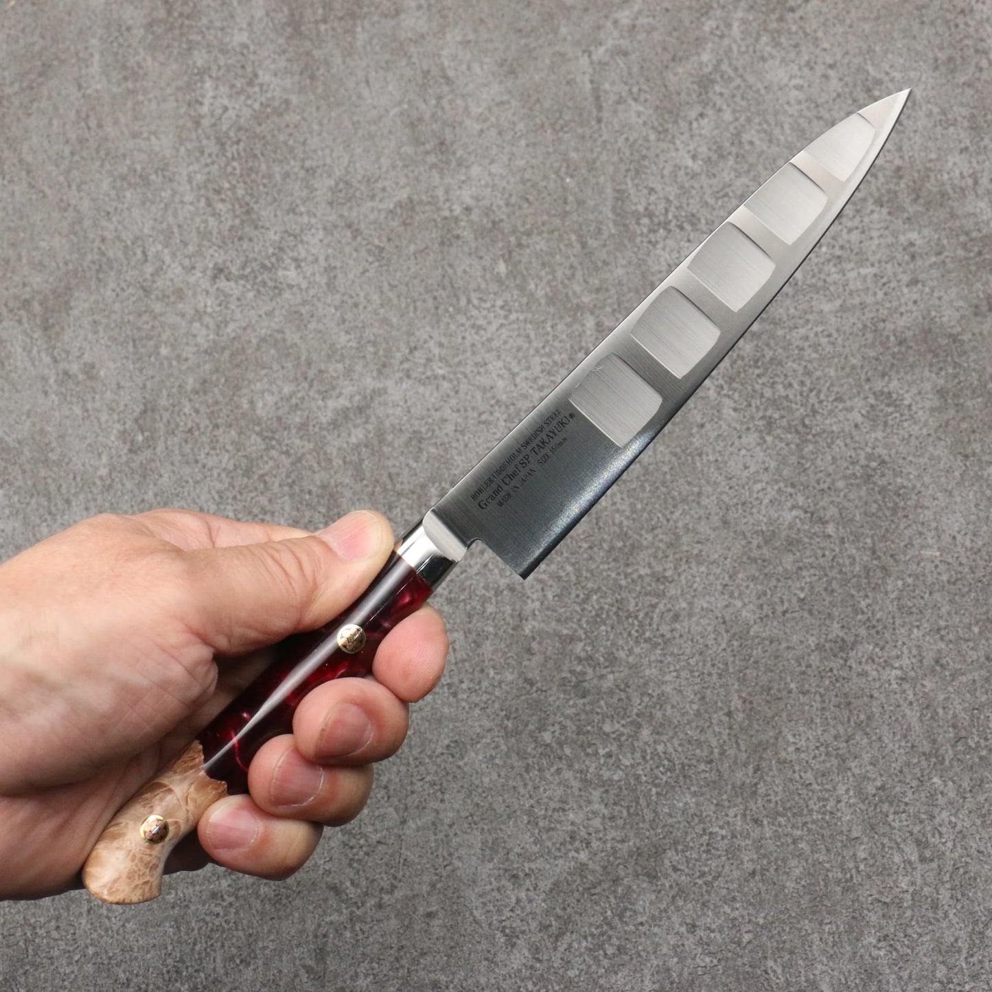 Marke Sakai Takayuki Grand Chef Spezialstahl Uddeholm Schweden Kleines, auf Lachs spezialisiertes Mehrzweck-Kleinmesser Japanisches Messer 150-mm-Griff SP Typ III (Vulkan)