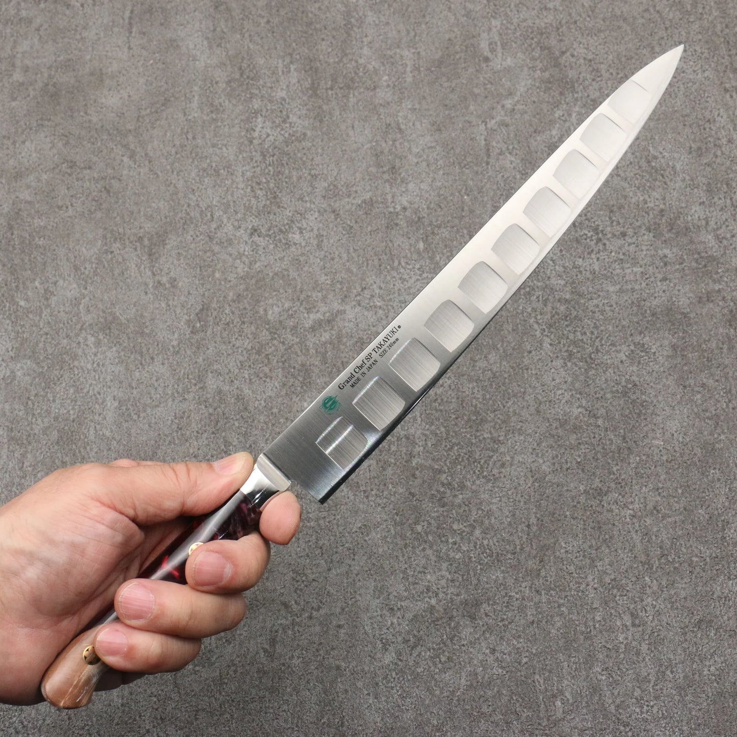 Marke Sakai Takayuki Grand Chef Spezialstahl Uddeholm Schweden Spezialisiertes Lachsmesser Sujihiki Japanisches Messer 240 mm Griff SP Typ III (Vulkan)