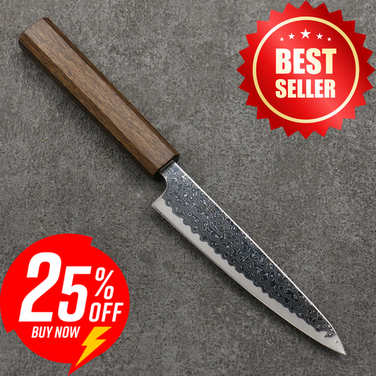 Thương hiệu Seisuke VG10 Thép Damascus tráng gương hoàn thiện Dao nhỏ đa năng Petty 135mm chuôi dao gỗ Sồi