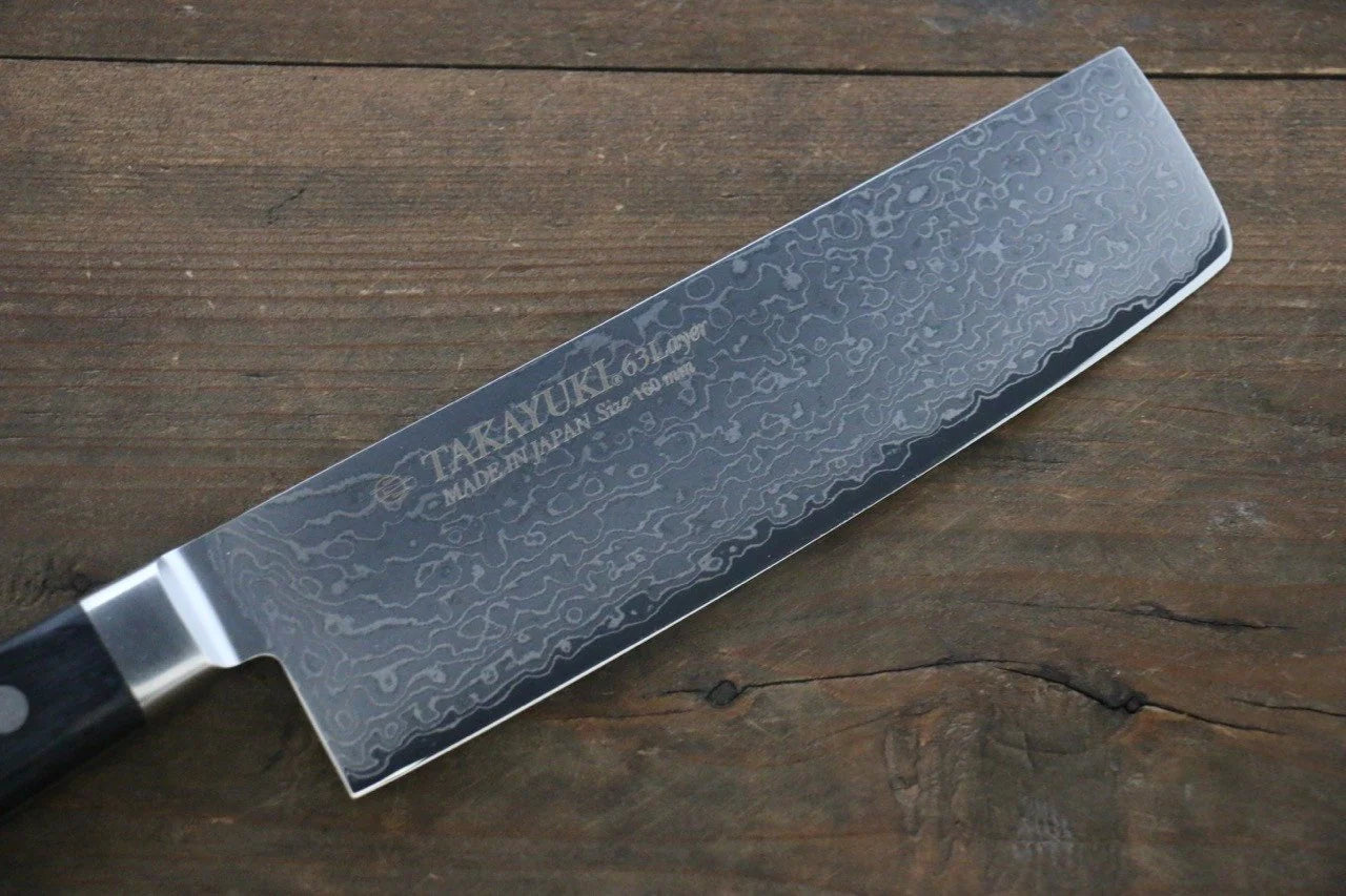 Thương hiệu Sakai Takayuki Thép Molybdenum (MOL) Thép Damascus 63 lớp Dao thái rau chuyên dụng Nakiri 160mm chuôi dao gỗ Pakka đen