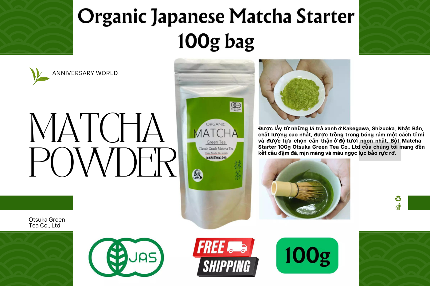 Bột Trà Matcha Hữu Cơ Nguyên Chất Thơm Ngon Nhật Bản túi 100g Organic Matcha Powder Starter Otsuka Green Tea Co., Ltd