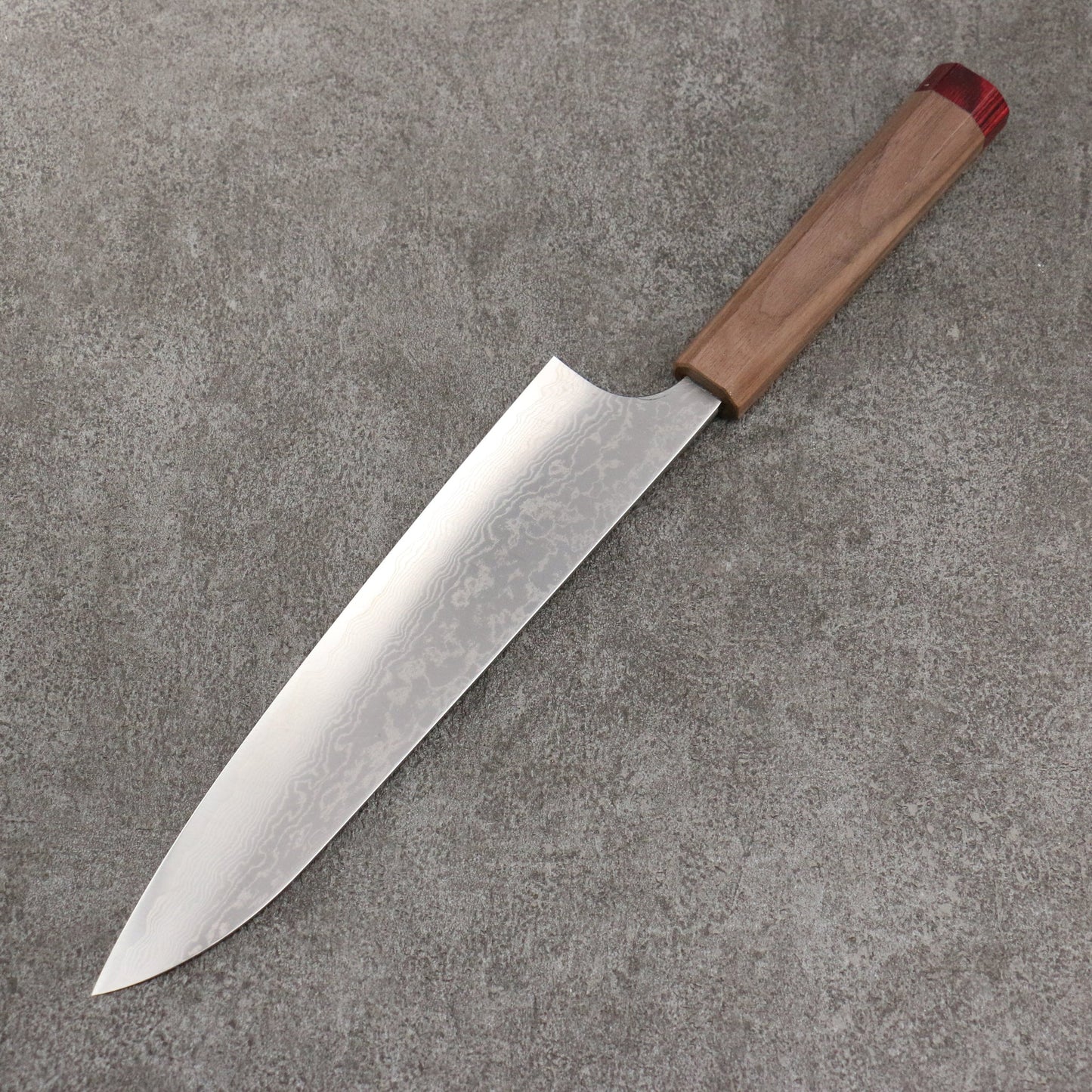 Thương hiệu Katsushige Anryu VG10 đánh bóng hoàn thiện Thép Damascus Dao đa năng Gyuto 210mm chuôi dao gỗ quả óc chó (bọc dưới)