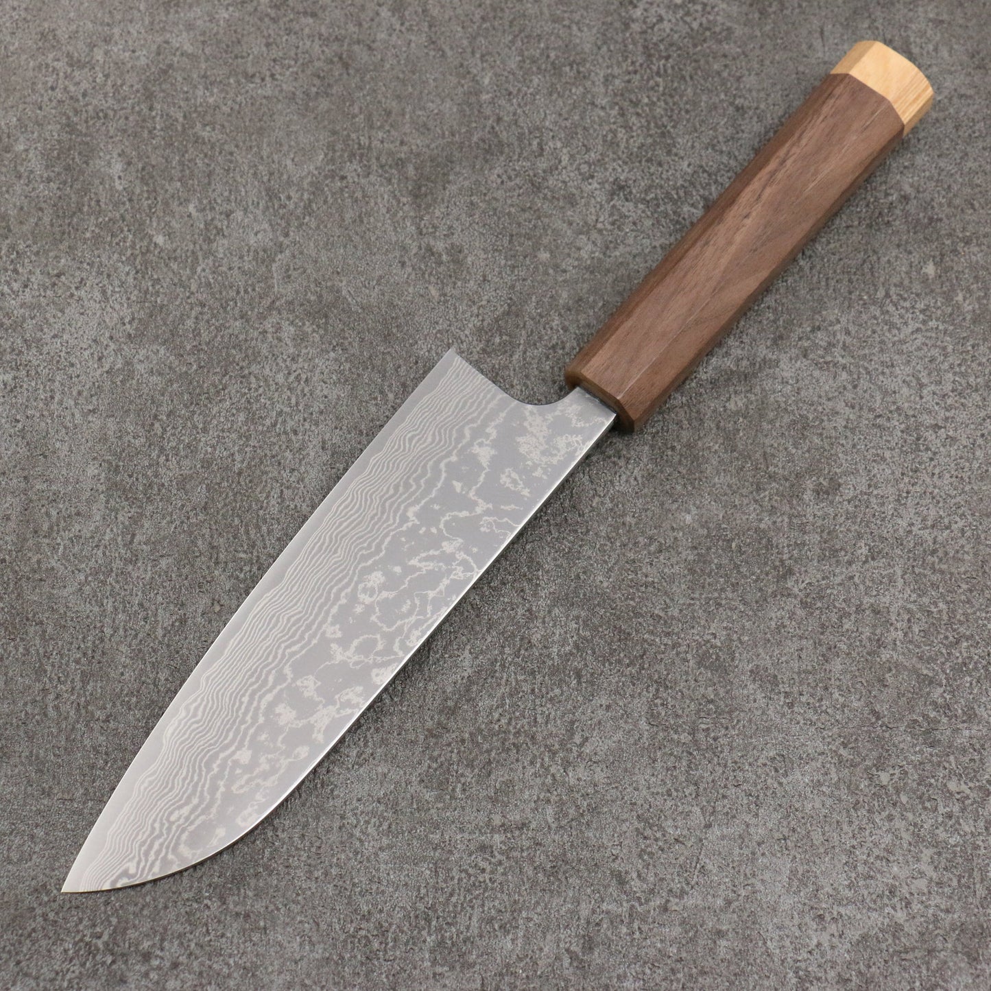 Thương hiệu Katsushige Anryu VG10 đánh bóng hoàn thiện Thép Damascus Dao đa năng Santoku 170mm chuôi dao gỗ quả óc chó (bọc dưới)