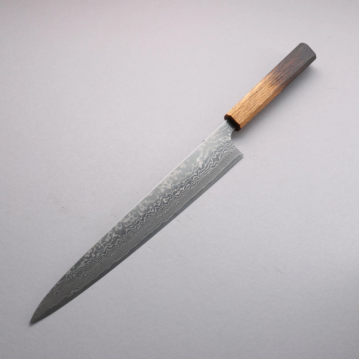 Thương hiệu Katsushige Anryu VG10 Đánh bóng hoàn thiện Thép Damascus Dao lọc gân chuyên dụng Sujihiki 300mm chuôi dao gỗ Sồi