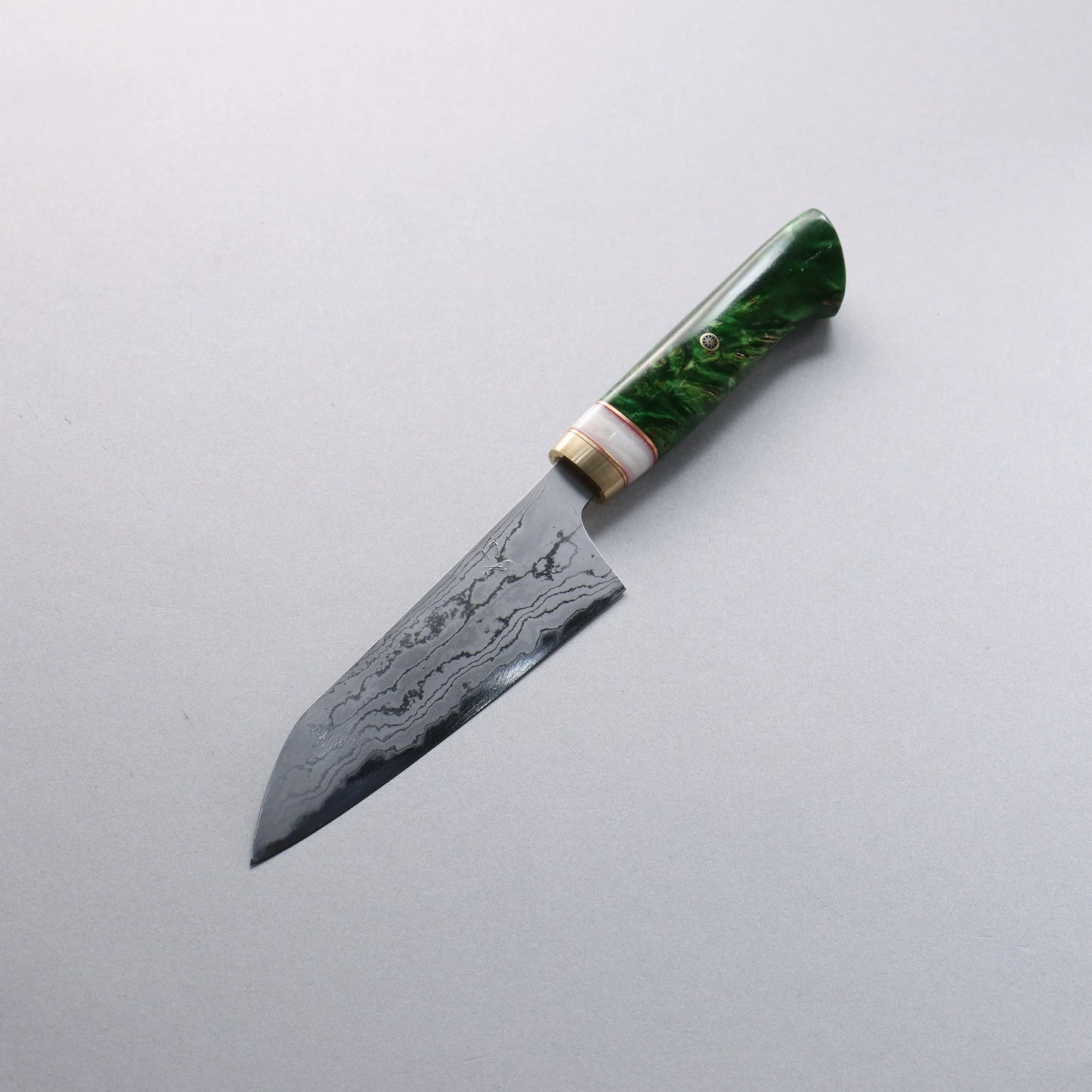 Thương hiệu Nishida Daisuke Thép trắng No.1 Thép Damascus Dao đa năng Santoku loại nhỏ 150mm chuôi dao đá cẩm thạch xanh lá cây