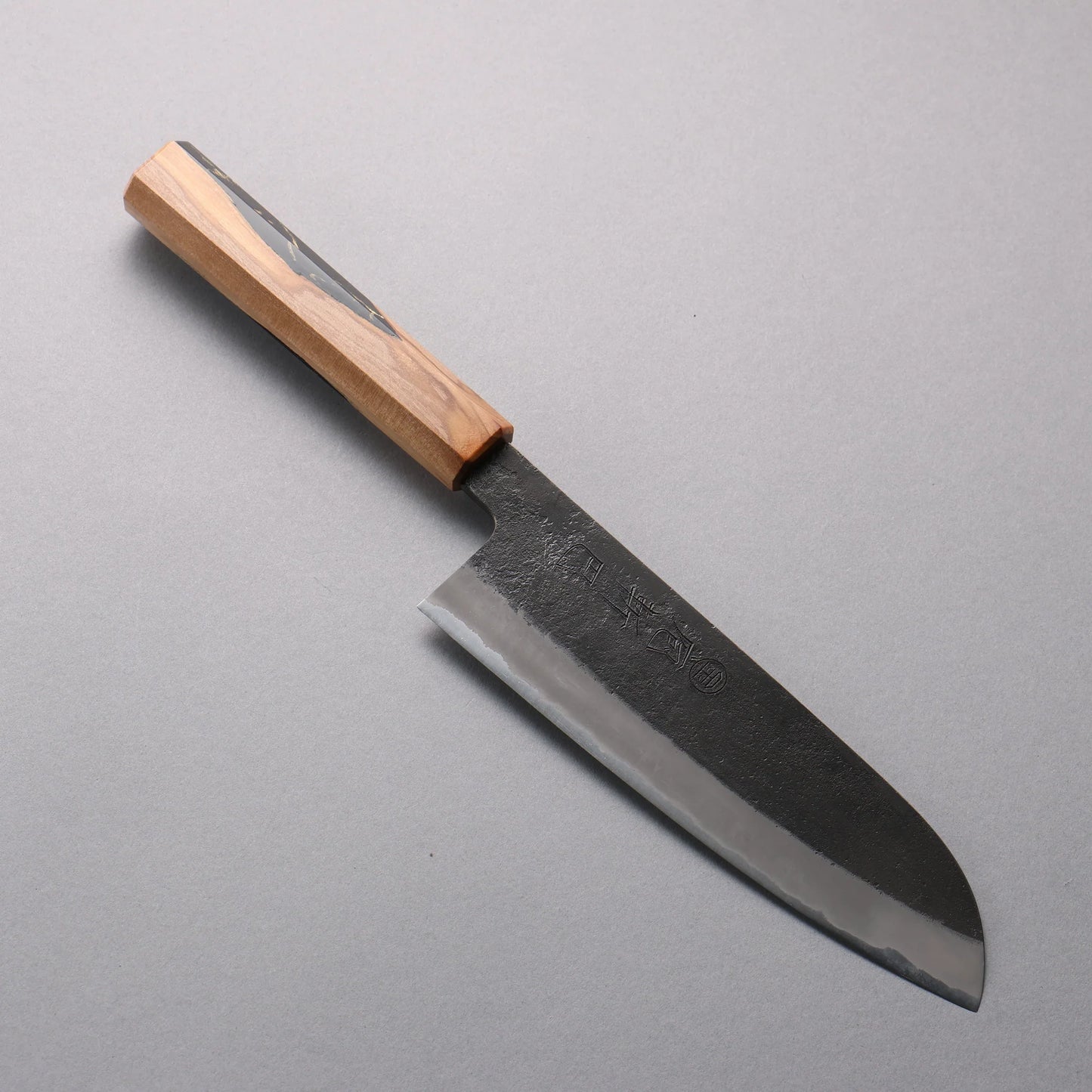 Thương hiệu Tomoe Hozan Thép trắng hoàn thiện No.2 Đen Dao đa năng Santoku 165mm chuôi dao gỗ ô liu và nhựa đen