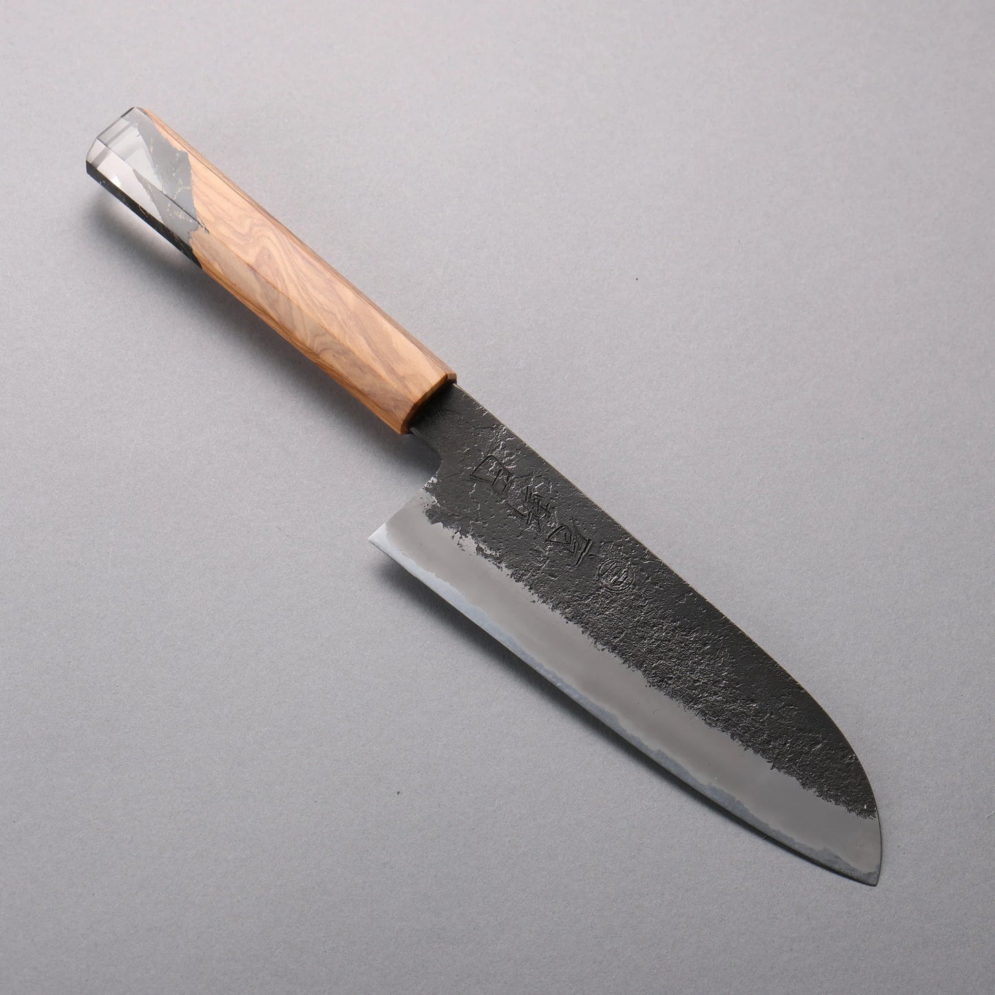 Thương hiệu Tomoe Hozan Thép trắng hoàn thiện No.2 Đen Dao đa năng Santoku 180mm chuôi dao gỗ ô liu và nhựa đen