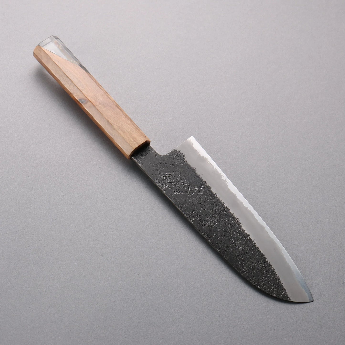 Thương hiệu Tomoe Hozan Thép trắng hoàn thiện No.2 Đen Dao đa năng Santoku 180mm chuôi dao gỗ ô liu và nhựa đen