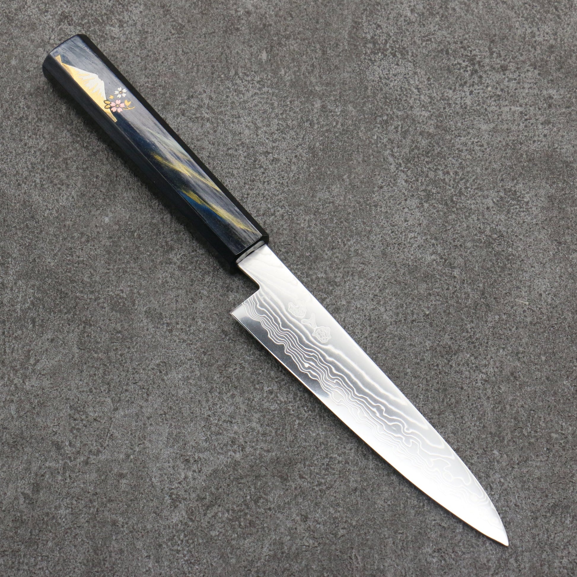 Yoshihito Cobalt Special Steel Damascus Gyuto Knife 135MM Navy Gold Mount Fuji Lacquered Pattern 佳人 コバルトスペシャル鋼 ダマスカス 牛刀包丁 135MM 紺金富士山漆塗り柄 Free ship - Thương hiệu Kajin Thép Cobalt đặc biệt Thép Damascus Dao đa năng Gyuto 135mm