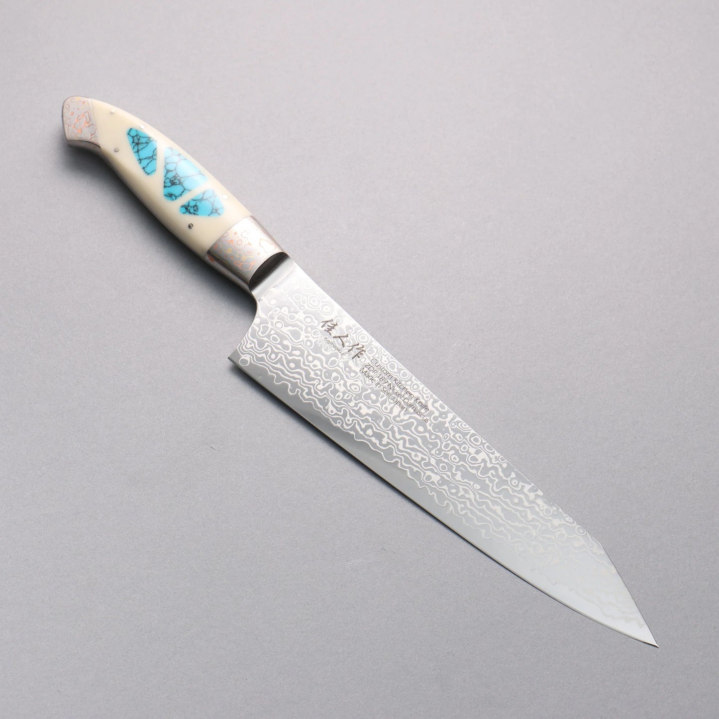 Thương hiệu Kajin ZDP189 Dao đa năng Kiritsuke Gyuto được đánh bóng hoàn thiện bằng thép Damascus 210mm chuôi dao mẫu khảm màu ngọc lam Corian