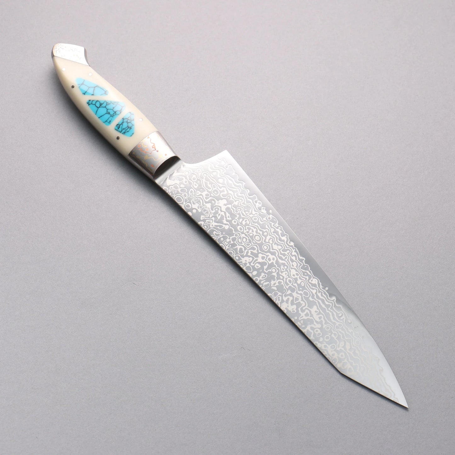 Thương hiệu Kajin ZDP189 Dao đa năng Kiritsuke Gyuto được đánh bóng hoàn thiện bằng thép Damascus 210mm chuôi dao mẫu khảm màu ngọc lam Corian