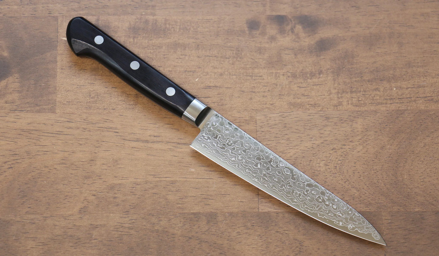 Thương hiệu Seisuke thép AUS10 45 Lớp Damascus Dao nhỏ được đánh bóng Petty 135mm tay cầm bằng gỗ dán màu đen