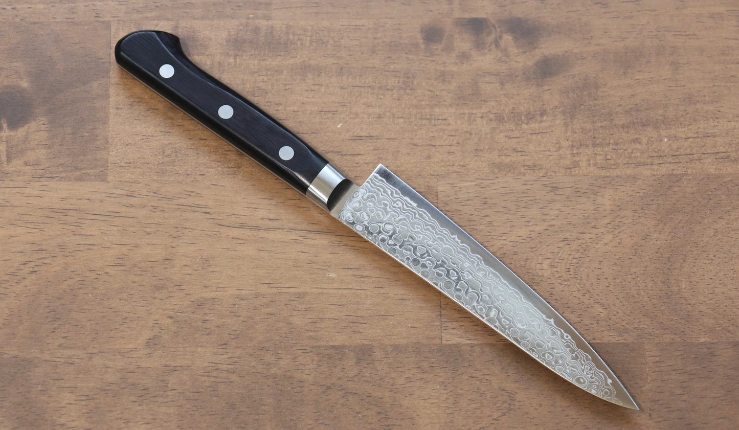 Thương hiệu Seisuke thép AUS10 45 Lớp Damascus Dao nhỏ được đánh bóng Petty 135mm tay cầm bằng gỗ dán màu đen