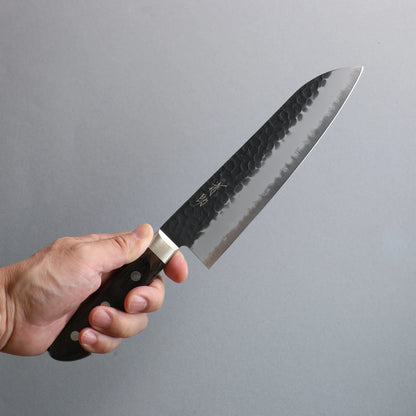 Thương hiệu Seisuke Thép siêu xanh vân búa dao rèn thủ công đánh bóng hoàn thiện màu đen Dao đa năng Santoku 180mm chuôi dao gỗ ép nâu