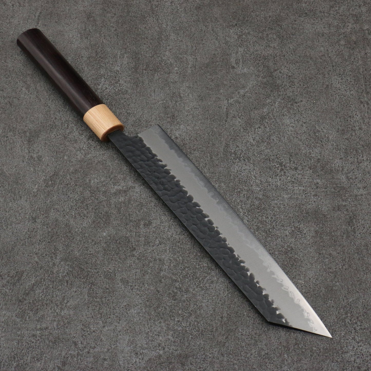 Seisuke Blue Super Steel Hammer Cut Gyuto Knife 240MM Rosewood (Muzzle: White Plywood) Handle 清助 青スーパー鋼 鎚目 切付牛刀包丁 240MM 紫檀 (口輪：白合板)柄 Free ship - Thương hiệu Seisuke Thép siêu xanh Rèn thủ công Dao đa năng Gyuto 240mm chuôi dao gỗ hồng mộc (bọc đầu xanh lá)