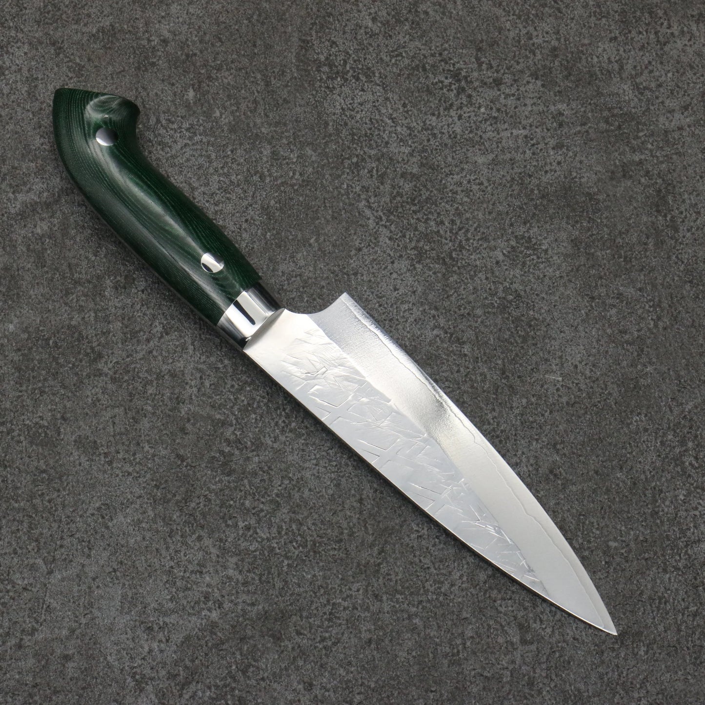 Saji Samurai New Nomura Type SRS13 Hammer Petty Knife 130MM Green Micarta Pattern 佐治 武士 新野村型 SRS13 鎚目 ペティーナイフ 130MM 緑マイカルタ柄 Free ship - Thương hiệu Takeshi Saji SRS 13 Rèn thủ công Dao nhỏ đa năng Petty 130mm chuôi dao Micarta xanh lá cây