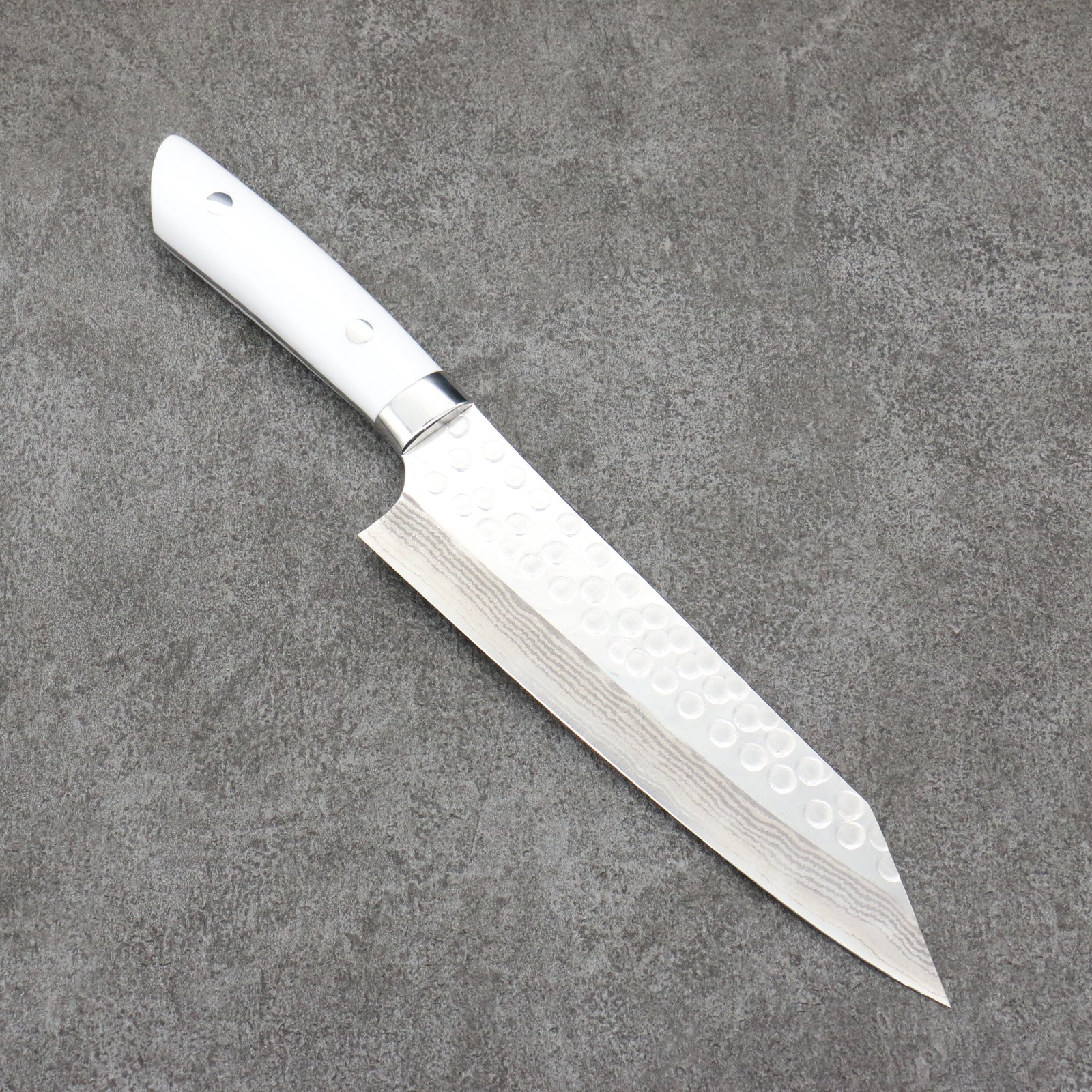 Takeshi Saji SRS13 Hammered Damascus Kiritsuke Gyuto Japanese Knife 180mm White Corian Handle