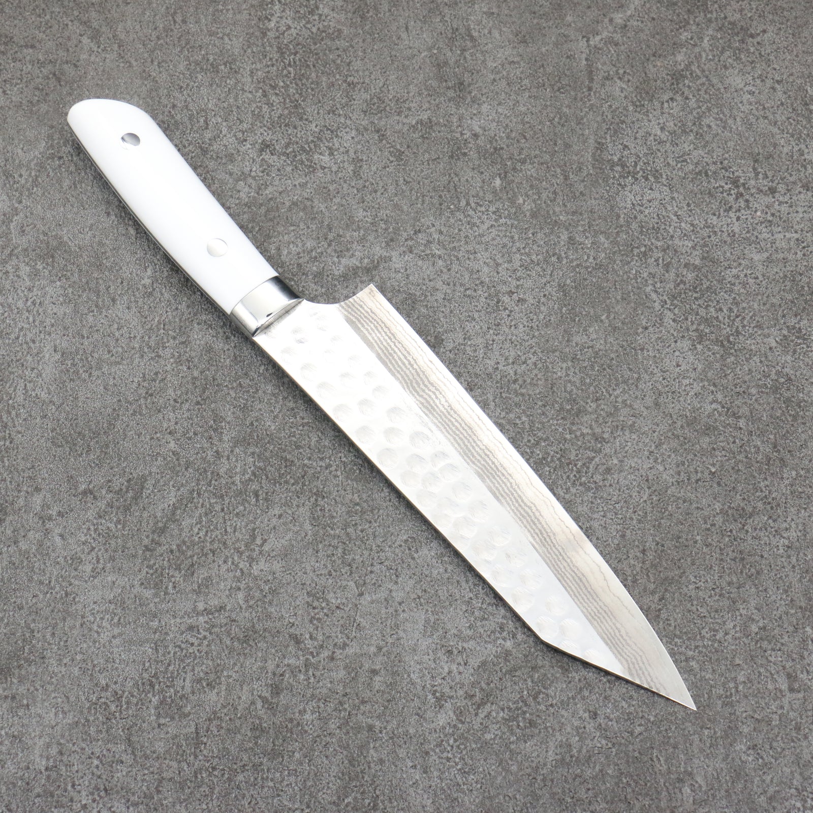 Takeshi Saji SRS13 Hammered Damascus Kiritsuke Gyuto Japanese Knife 180mm White Corian Handle