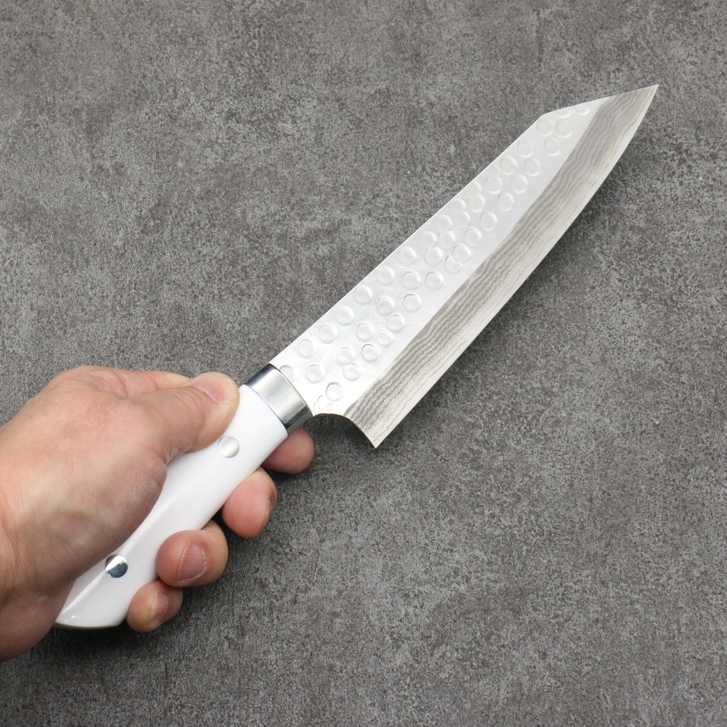 Takeshi Saji SRS13 Hammered Damascus Kiritsuke Gyuto Japanese Knife 180mm White Corian Handle