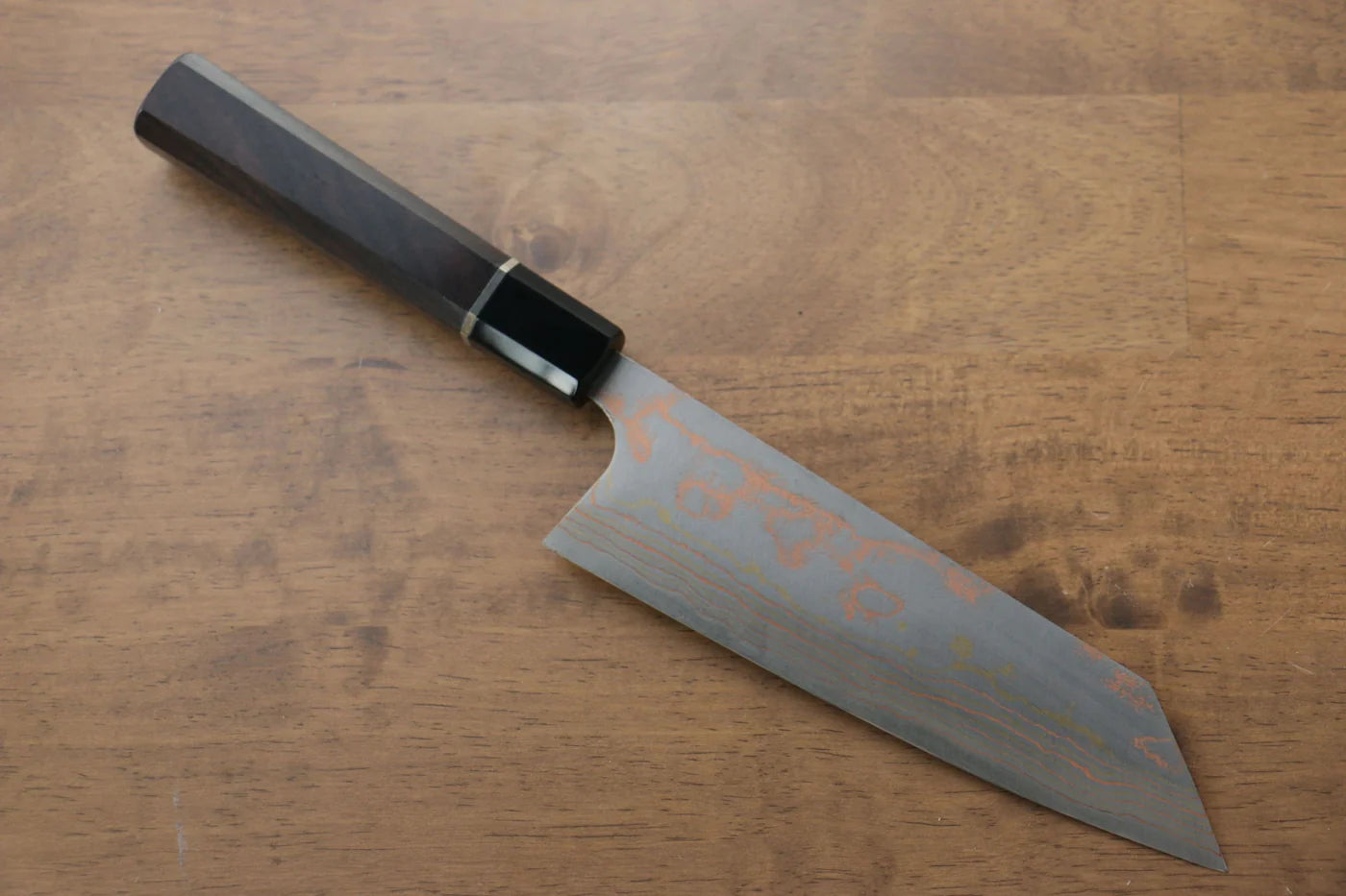 Thương hiệu Takeshi Saji Thép xanh No.2 Thép Damascus có màu  Dao đa năng Bunka dao Nhật 165mm chuôi dao làm từ gỗ Mun có đính vòng