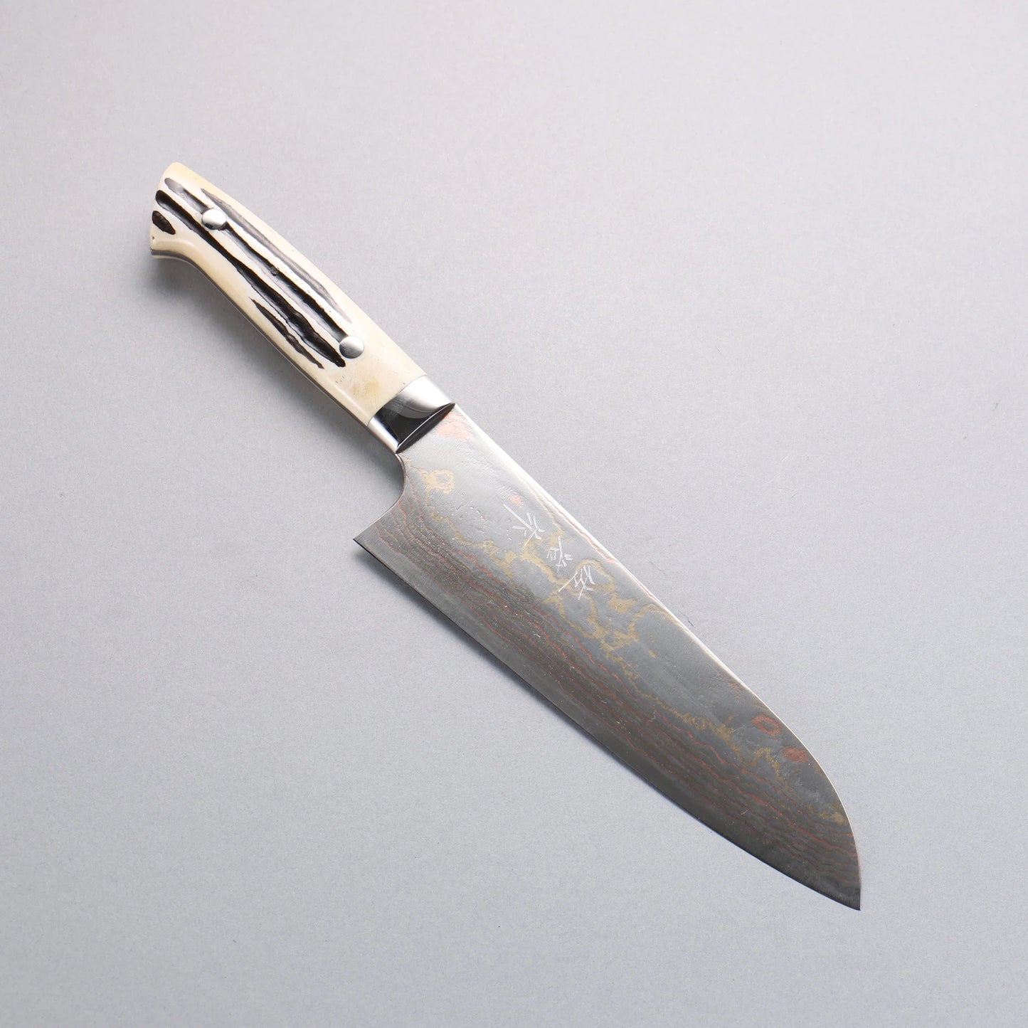 Thương hiệu Takeshi Saji Thép xanh No.2 Thép Damascus có màu Dao đa năng Santoku 180mm chuôi dao sừng nhung hươu trắng