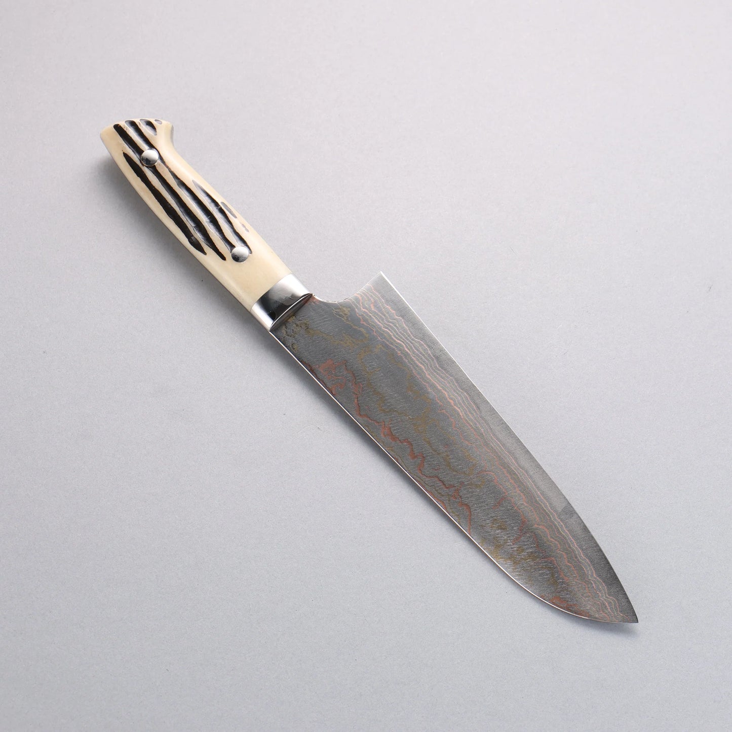 Thương hiệu Takeshi Saji Thép xanh No.2 Thép Damascus có màu Dao đa năng Santoku 180mm chuôi dao sừng nhung hươu trắng