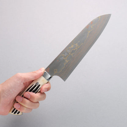 Thương hiệu Takeshi Saji Thép xanh No.2 Thép Damascus có màu Dao đa năng Santoku 180mm chuôi dao sừng nhung hươu trắng