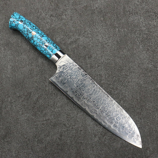 Free ship - Thương hiệu Takeshi Saji SG2 Lớp hoàn thiện Kim cương Thép Damascus Dao đa năng Santoku 180mm chuôi dao đá Ngọc Lam xanh dương