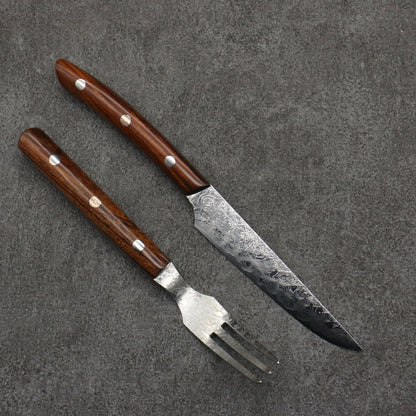 Thương hiệu Takeshi Saji set dao steak và nĩa thép SG2 Damascus lớp kim cương hoàn thiện 125mm chuôi dao gỗ Lim