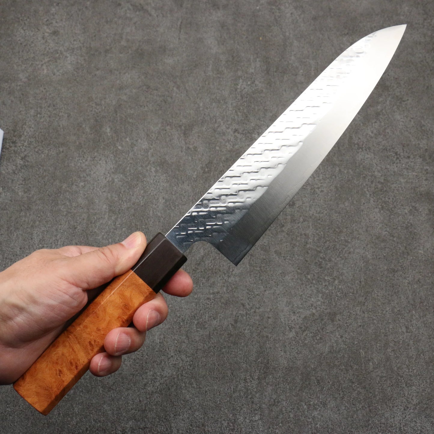 Thương hiệu Takeshi Saji Saji Samurai thép SPG STRIX vân búa được đánh bóng hoàn thiện Dao đa năng Gyuto 210mm chuôi dao gỗ Quince (bọc: Gỗ mun)