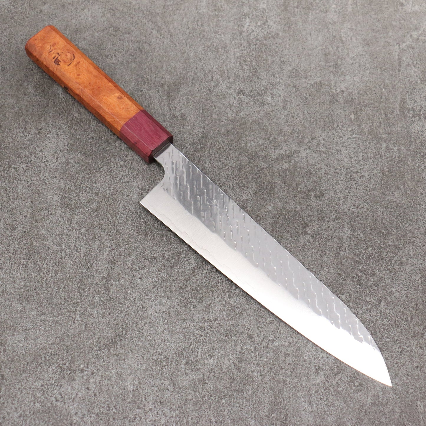 Thương hiệu Takeshi Saji Samurai thép SPG STRIX vân búa đánh bóng hoàn thiện Dao đa năng Gyuto được đánh bóng 210mm chuôi dao gỗ Quince (bọc: trái tim tím)