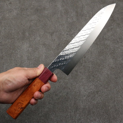 Thương hiệu Takeshi Saji Samurai thép SPG STRIX vân búa đánh bóng hoàn thiện Dao đa năng Gyuto được đánh bóng 210mm chuôi dao gỗ Quince (bọc: trái tim tím)