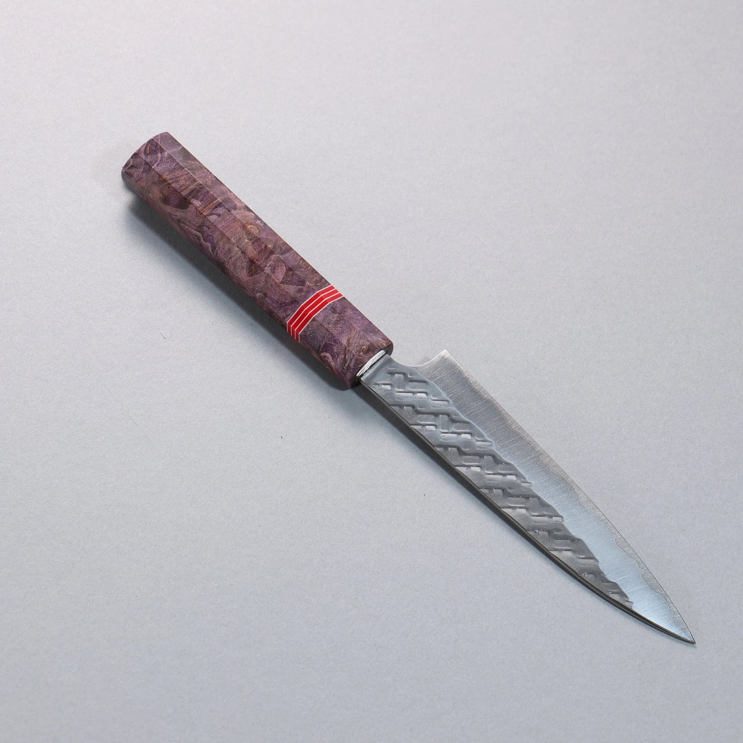 Thương hiệu Takeshi Saji SPG STRIX vân búa Thép Damascus mài bóng hoàn thiện dao rèn thủ công Dao nhỏ đa năng Petty 130mm chuôi dao gỗ ổn định màu tím (vòng đỏ và trắng)