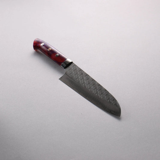 Thương hiệu Takeshi Saji Samurai thép SPG STRIX vân búa đánh bóng hoàn thiện Dao Santoku 180mm chuôi dao màu Tím Đỏ Trắng hoa văn nhựa Acrylic