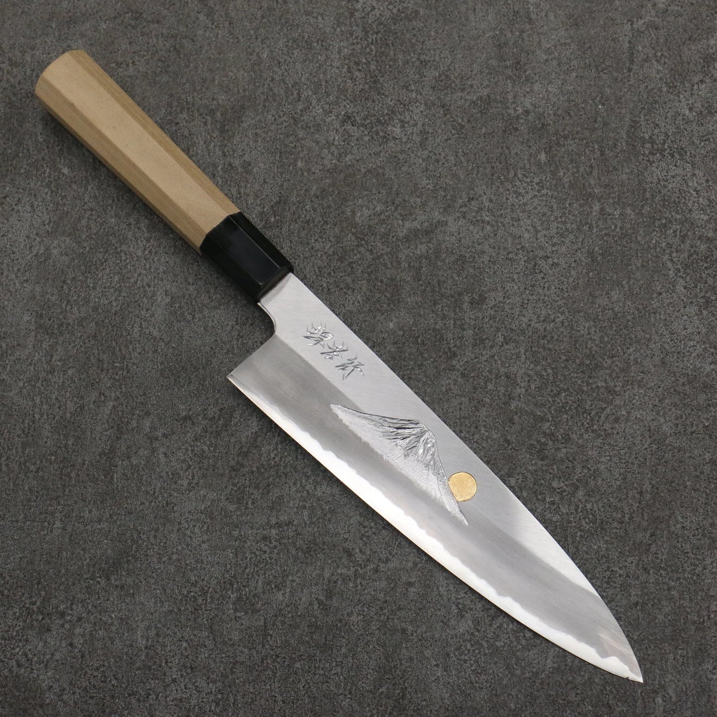 Thương hiệu Sakai Takayuki Kubota chạm khắc vàng Fuji và hoàng hôn Thép xanh No.2 Dao đa năng Gyuto 210mm chuôi dao gỗ Park (bọc: trâu nước)