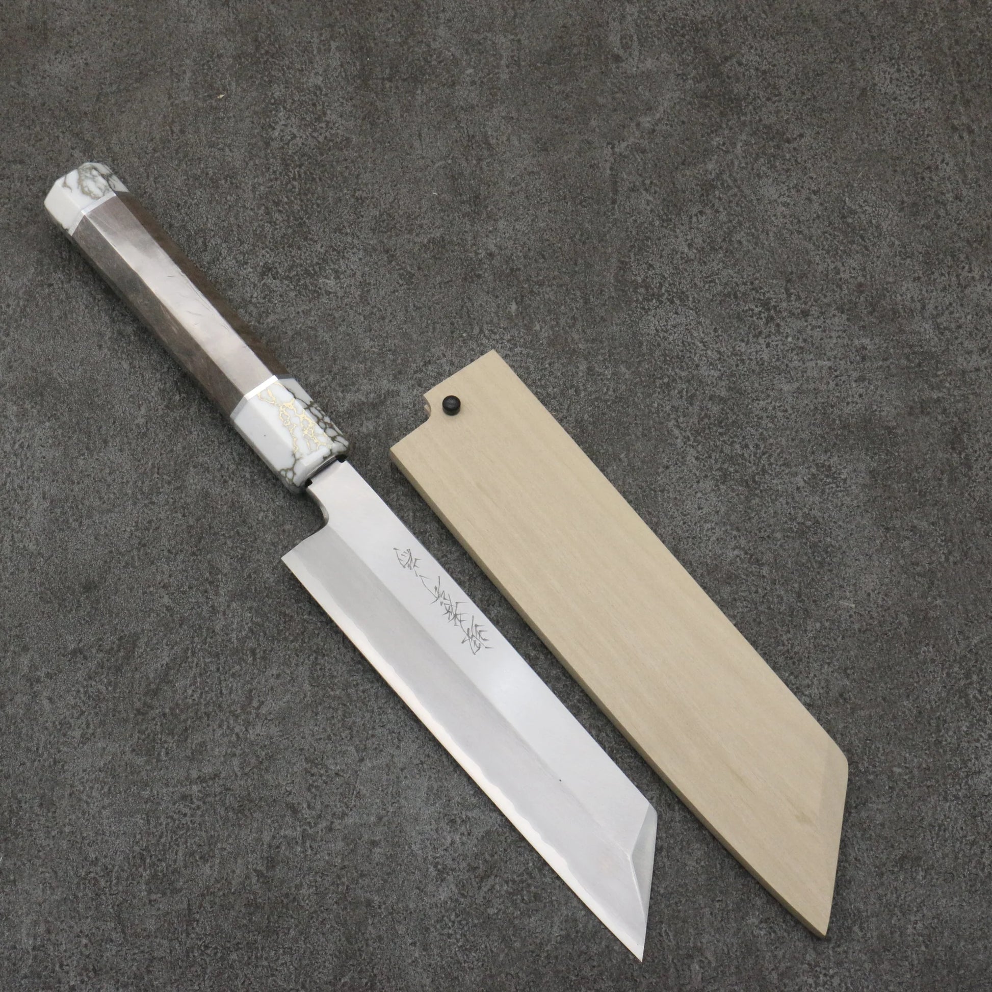 Takayuki Sakai Chef Series Ginsanko Mukimono Knife 180MM Stabilized Wood (Both Wheels: White) Handle with Sheath 堺 孝行 シェフシリーズ 銀三鋼 ムキ物包丁 180MM スタビライズドウッド (両輪:白)柄 鞘付き Free ship - Thương hiệu Sakai Takayuki Chef Series Thép Bạc No.3 Dao gọt vỏ, thái rau chuyên dụng Mukimono 180mm Có kèm bao