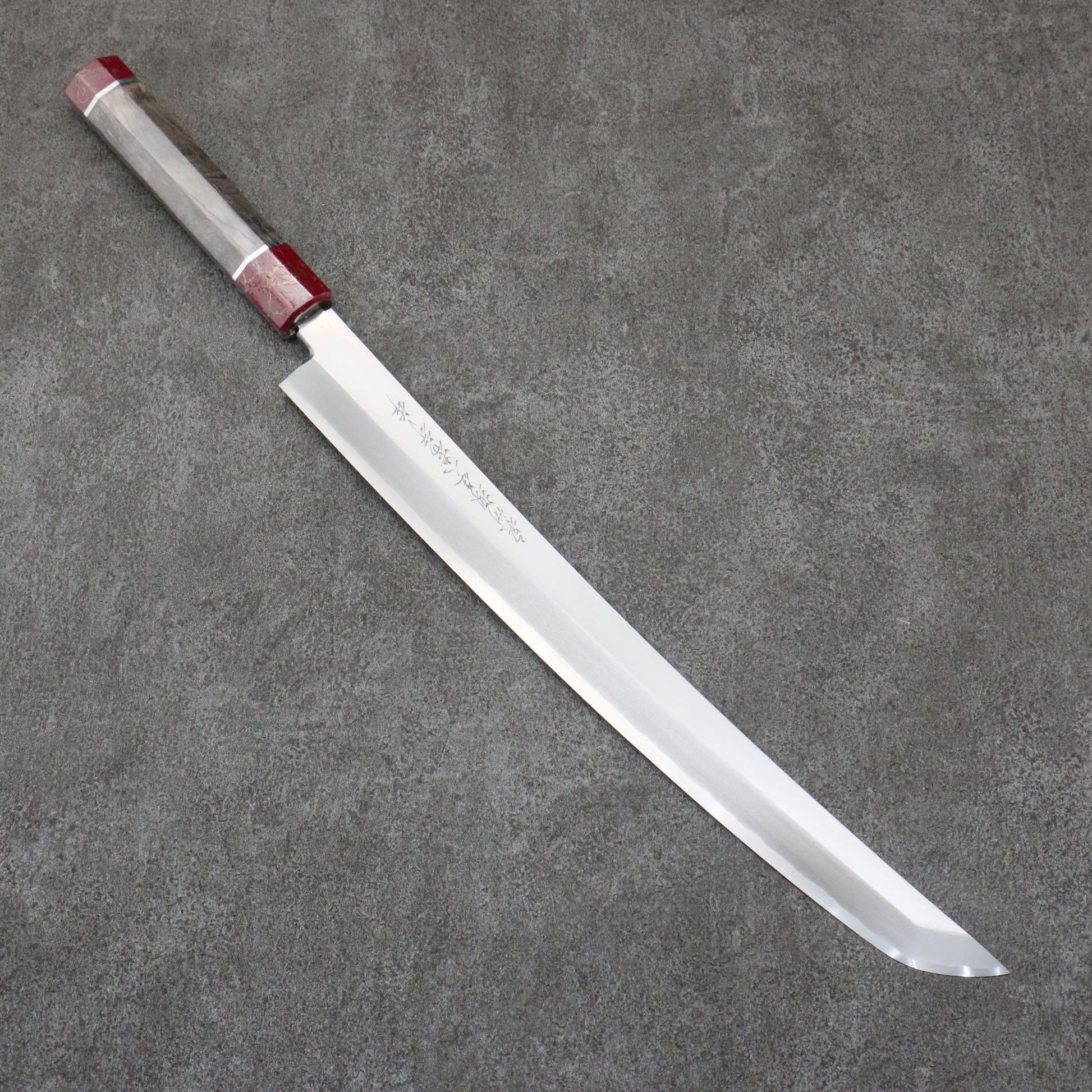 Takayuki Sakai Zangetsu Ginsanko Saki Maruyanagiba Knife 330MM Stabilized Wood Handle with Sheath 堺 孝行 斬月 銀三鋼 先丸柳刃包丁 330MM スタビライズドウッド柄 鞘付き Free ship - Sakai Takayuki Trảm Nguyệt Zangetsu Thép Bạc No.3 Dao thái cá shashimi chuyên dụng Yanagiba (cán tròn) 330mm chuôi dao gỗ Stabilized Có kèm bao