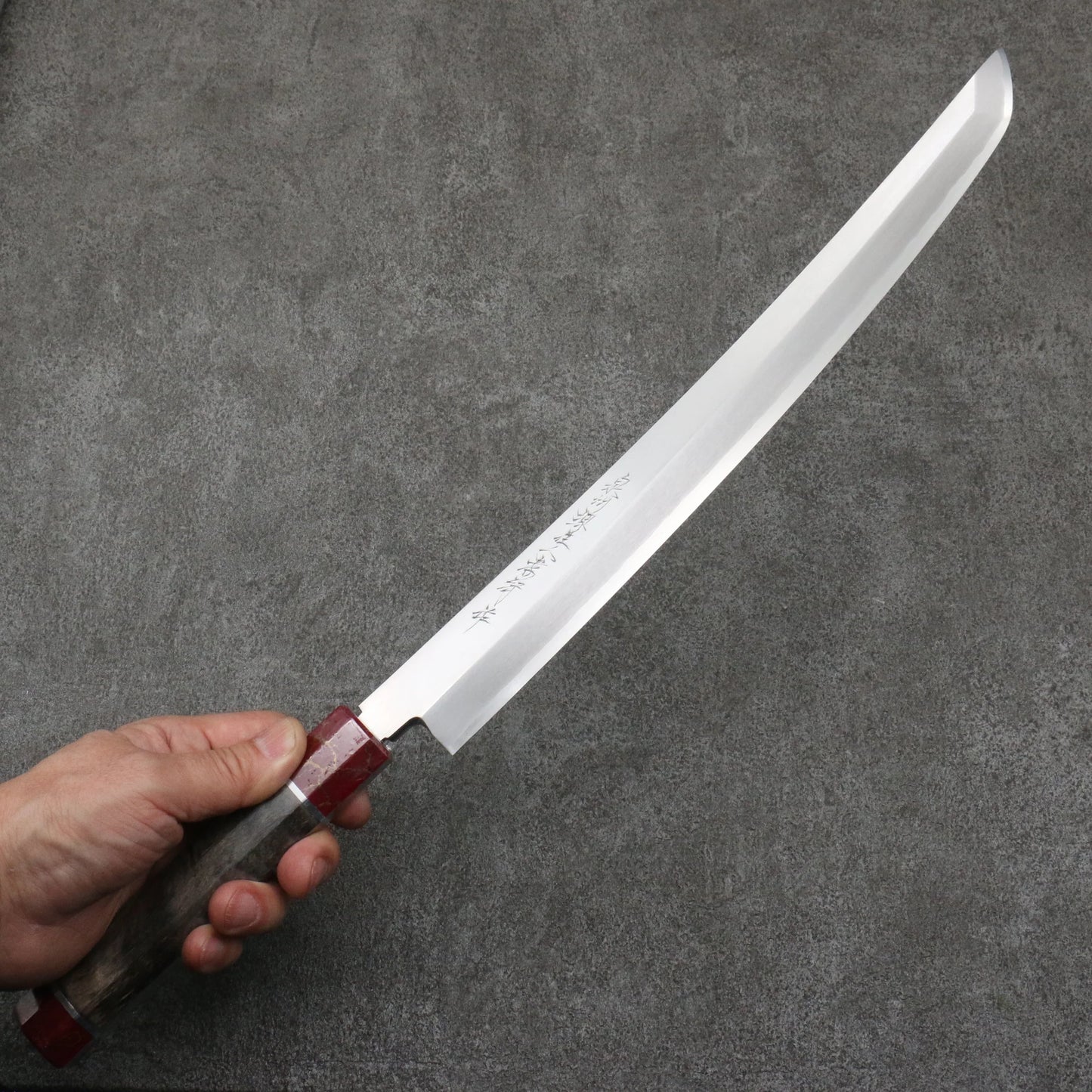 Takayuki Sakai Zangetsu Ginsanko Saki Maruyanagiba Knife 330MM Stabilized Wood Handle with Sheath 堺 孝行 斬月 銀三鋼 先丸柳刃包丁 330MM スタビライズドウッド柄 鞘付き Free ship - Sakai Takayuki Trảm Nguyệt Zangetsu Thép Bạc No.3 Dao thái cá shashimi chuyên dụng Yanagiba (cán tròn) 330mm chuôi dao gỗ Stabilized Có kèm bao