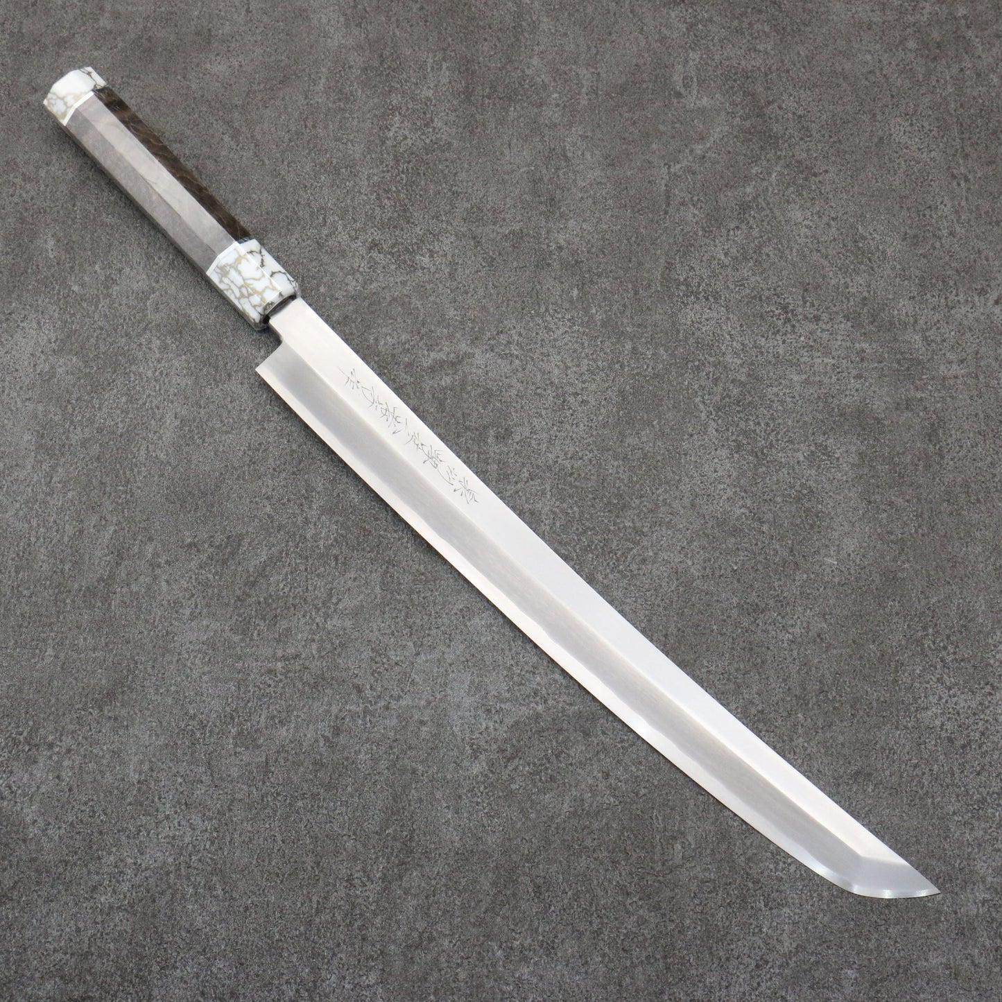 Takayuki Sakai Zangetsu Ginsanko Saki Maruyanagiba Knife 330MM Stabilized Wood Handle with Sheath 堺 孝行 斬月 銀三鋼 先丸柳刃包丁 330MM スタビライズドウッド柄 鞘付き Free ship - Sakai Takayuki Trảm Nguyệt Zangetsu Thép Bạc No.3 Dao thái cá, shashimi chuyên dụng Yanagiba (cán tròn) 330mm chuôi dao gỗ Stabilized Có kèm bao