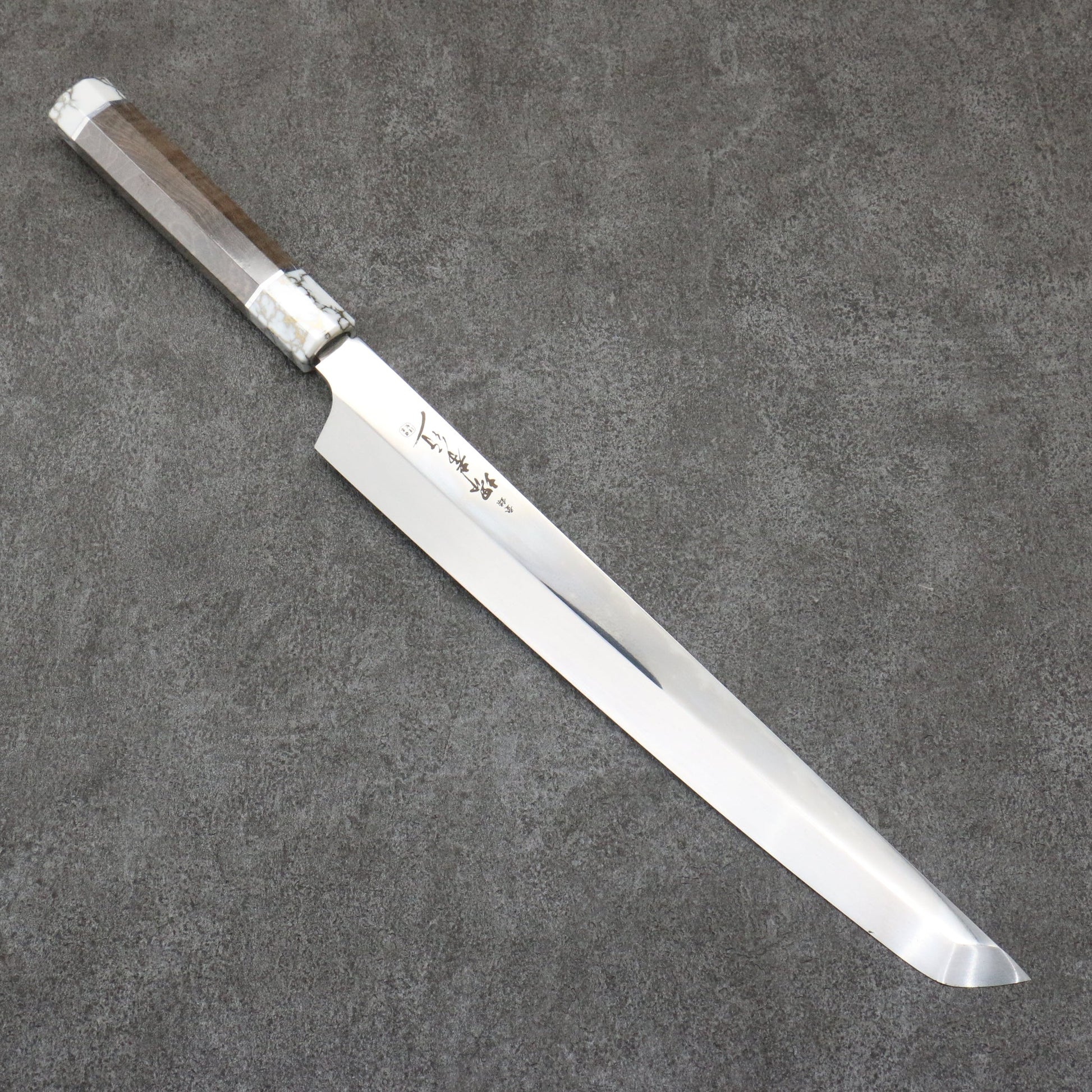 Takayuki Sakai Ginryu Honyaki Swedish Steel Mirror Finish Maruyanagiba Knife 300MM Stabilized Wood Handle with Sheath 堺 孝行 銀龍 本焼 スウェーデン鋼 鏡面仕上げ 先丸柳刃包丁 300MM スタビライズドウッド柄 鞘付き Free ship - Sakai Takayuki Ngân Long (Rồng Bạc) Thép Thụy điển Dao thái cá shashimi chuyên dụng Yanagiba (cán tròn) 300mm chuôi dao gỗ Stabilized Có kèm bao