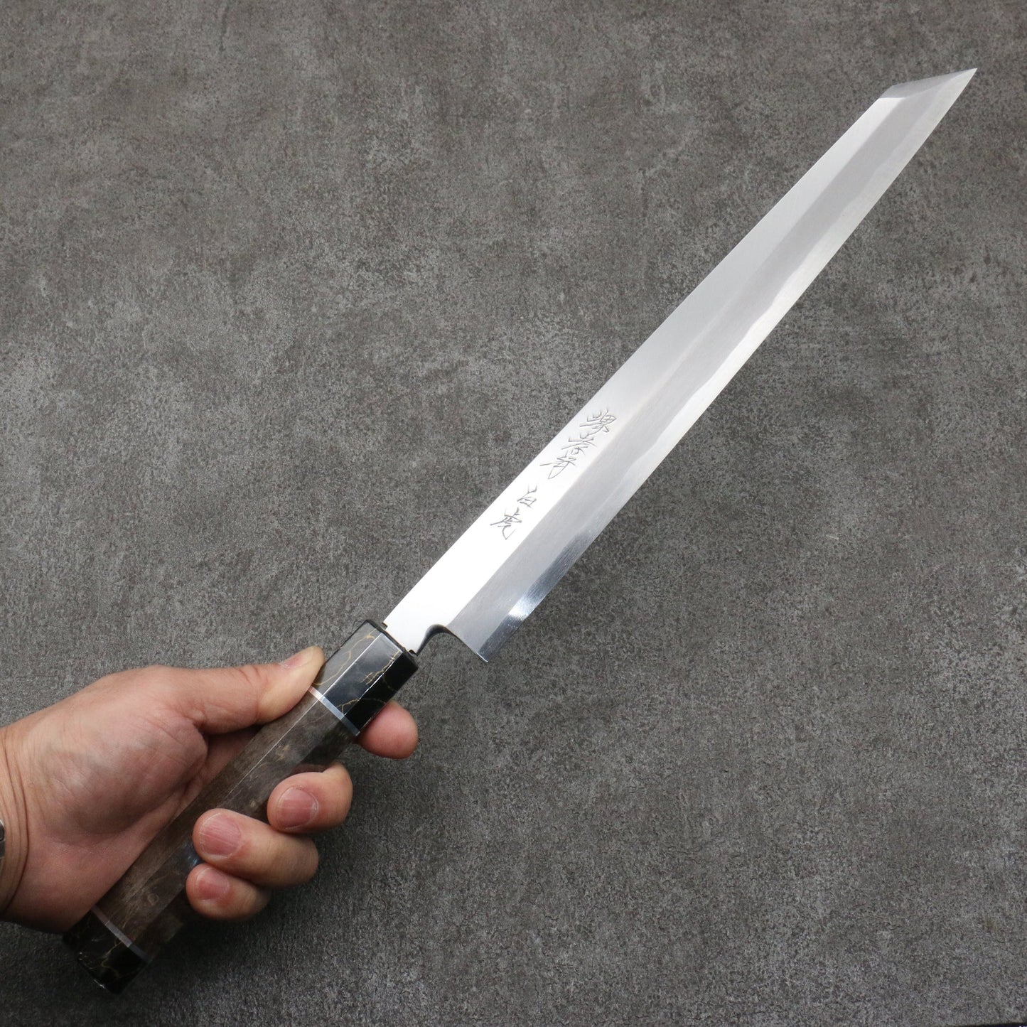 Takayuki Sakai Byakko Shiroichiko Kiritsuki Yanagiba Knife 300MM Stabilized Wood Handle with Sheath 堺 孝行 白虎 白一鋼 切付柳刃包丁 300MM スタビライズドウッド柄 鞘付き Free ship - Sakai Takayuki Byakko Thép trắng No.1 Dao thái cá sashimi Yanagiba 300mm chuôi dao gỗ Stabilized Có kèm bao